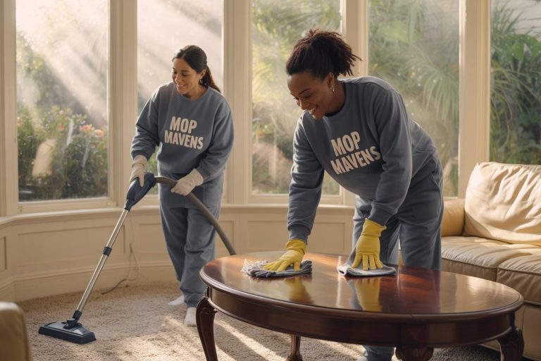 Two women are cleaning a living room. Both are wearing matching 